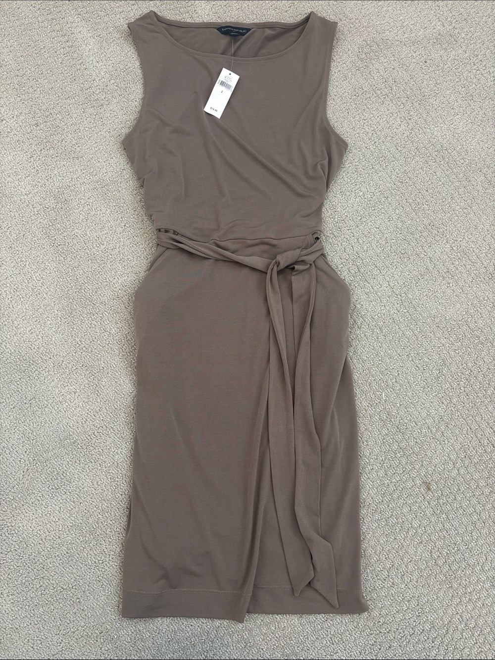 Banana Republic Sleeveless Taupe Midi Dress with Self-Tie Waist